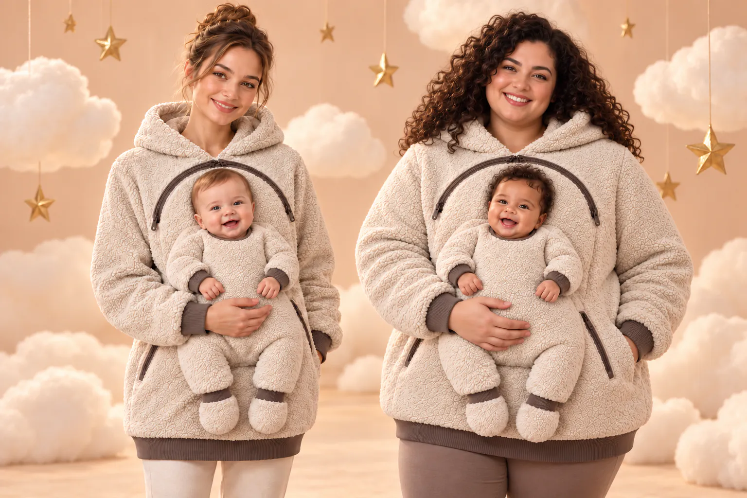 Biri minyon, biri büyük beden iki anne; ikisi de VORALİXS sweatshirt’ün ön bölümünde bebeğiyle gülümsüyor