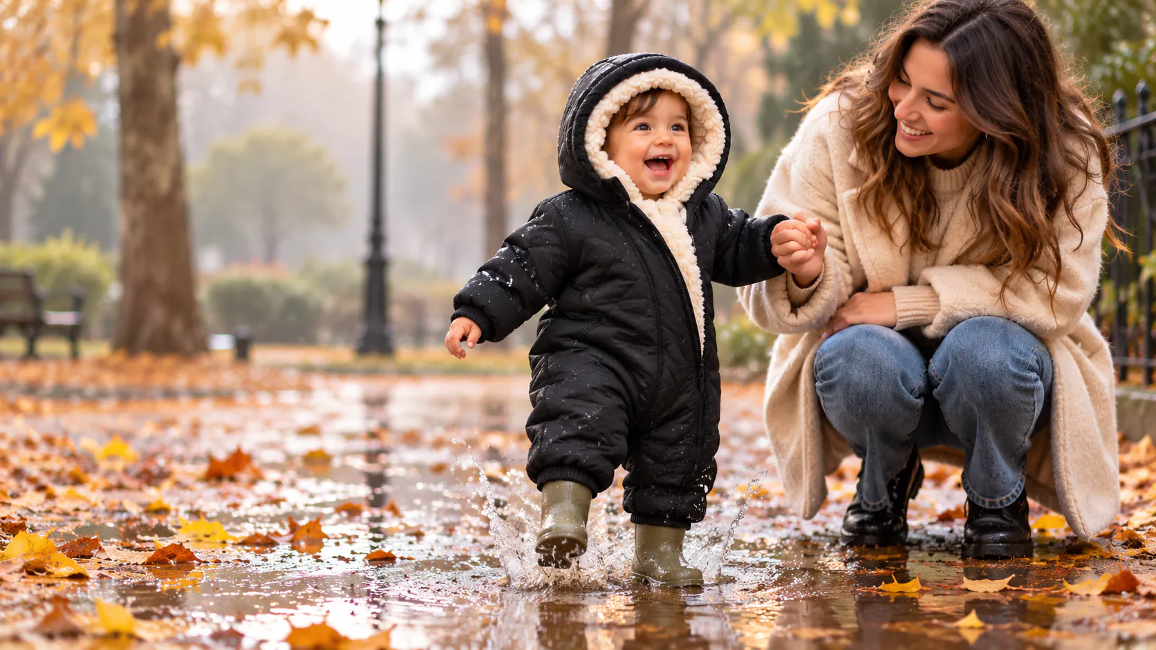 Cozymino tulumuyla yağmur sonrası parkta su birikintisine basıp gülen minik kaşif; elini annesi tutuyor